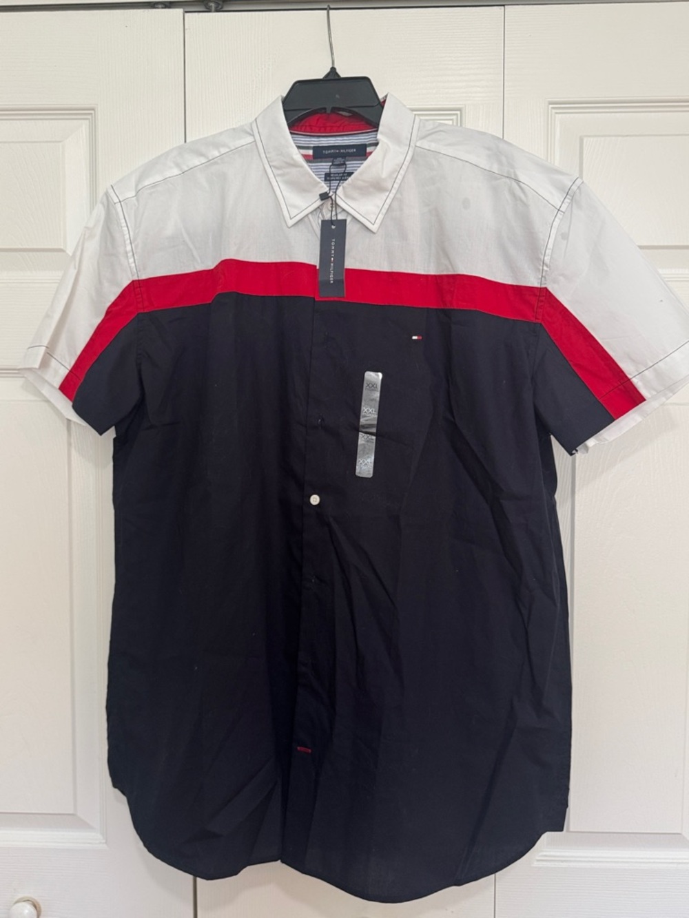 Tommy Hilfiger Men’s Short Sleeve Colorblock Button-Down Shirt - White/Red/Navy